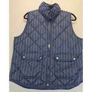 J Crew Womens Large Puffer Vest Down Filled Blue Pinstripe Classic Warm Preppy